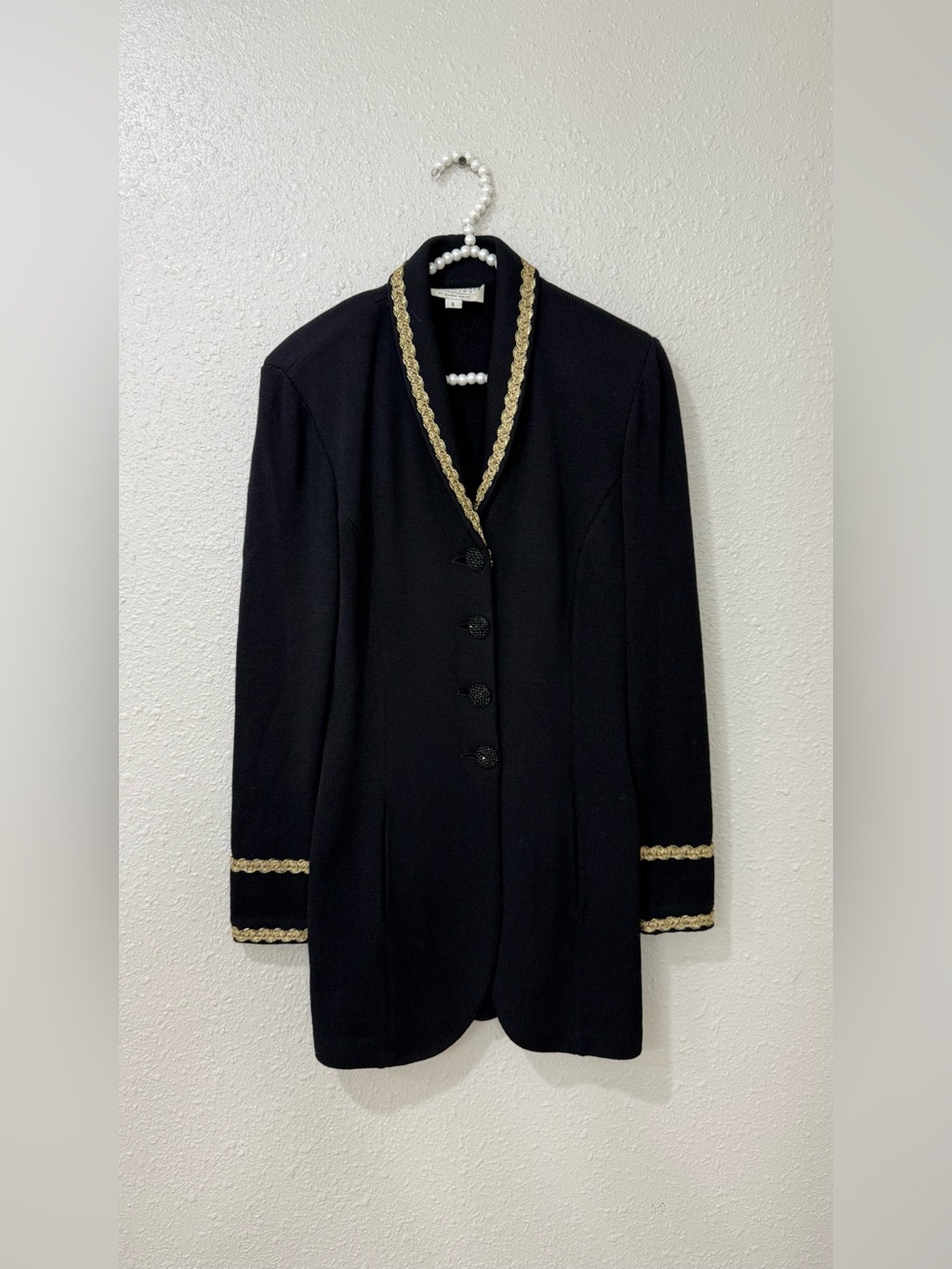 Vintage St John Evening Marie Gray Black Gold Long Knit Jacket Sz 6 Jeweled - Picture 2 of 10